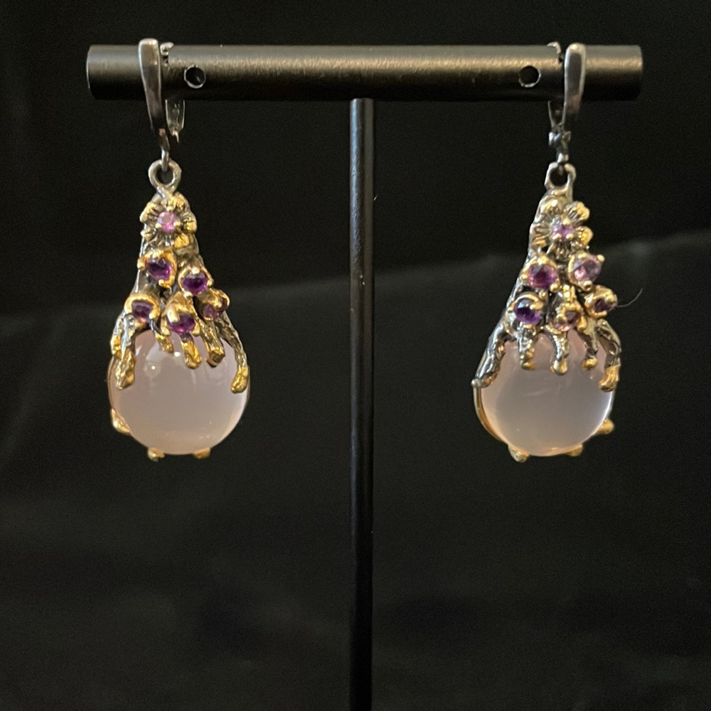 Silver and rose quarts earrings, citrine and gold accents large dangle.